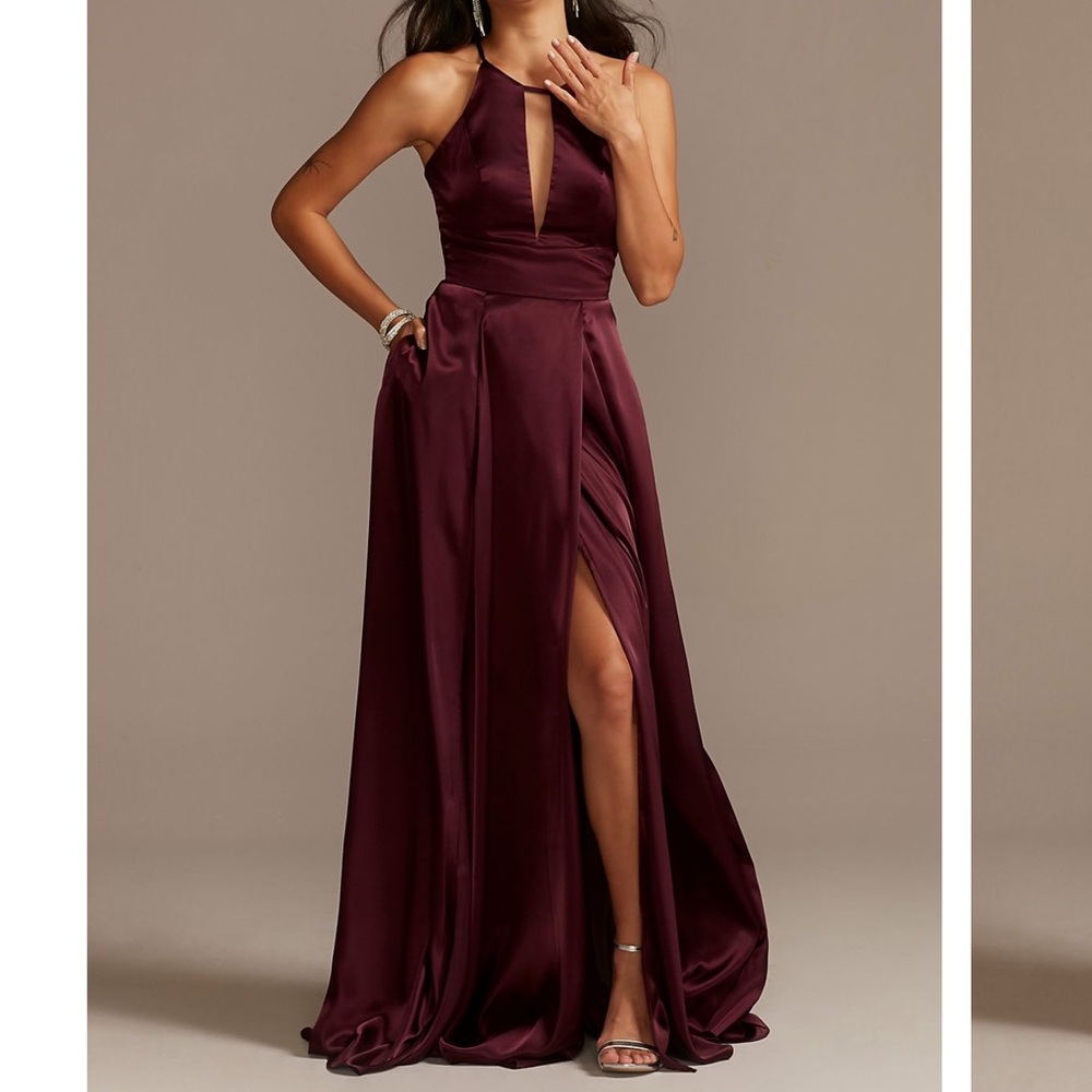 Wine- charmeuse keyhole crisscross back bridesmaid dress